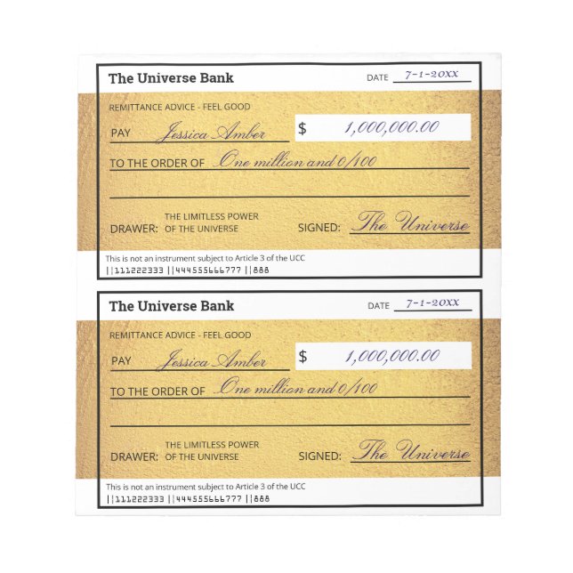 Bloc De Notas Law of Attraction Blank Money Check Gold 5.5" x 6" (Frente)