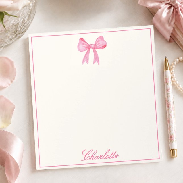 Bloc De Notas Lazo Rosa Femenino (cute feminine pink coquette bow notepad with custom name monogram in calligraphy script for girls)