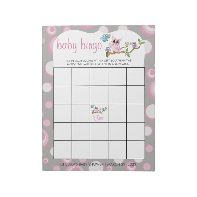Bloc De Notas Lechuza rosa y gris | Juego de Bingo de Ducha (Lado Izquierdo)