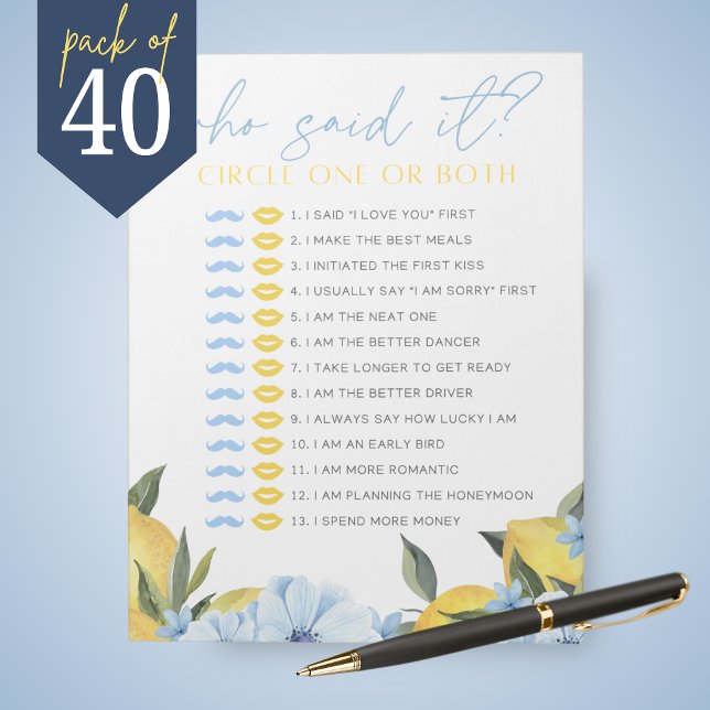 Bloc De Notas Lemon He Said She Said Shower Game Pack (Main Squeeze Lemon and Blue Flower Guess Who Said It Bridal Shower Game Pack of 40 Games)