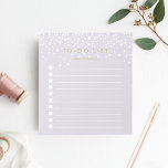 Bloc De Notas Lila | Lista de tareas pendientes personalizadas d<br><div class="desc">En la parte superior del tablero de notas personalizado de la moda aparece la "lista de cosas por hacer" con tu nombre debajo, con letras de oro oscuro de época sobre un fondo violeta de lavanda pastel salpicado con puntos de confeti blancos lloviendo desde arriba. Realice un seguimiento de todos...</div>