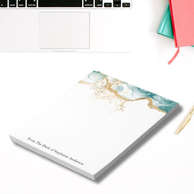 Bloc De Notas Limpieza de Tinta de Alcohol con Brillo Dorado Ver (Green marble Watercolor Wash Alcohol Ink Gold Glitter Personalized Note pad. )