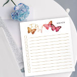 Bloc De Notas Lista de comprobación personalizada rosa de otoño<br><div class="desc">Moda y toallas femeninas, que puedes personalizar con tu nombre. El diseño presenta mariposas de bonito en la parte superior con una lista de "hacer" escrita en tipografía de escritura. Tiene una paleta de color otoño en tonos rosas y dorados y las casillas de verificación y líneas ayudan a mantener...</div>