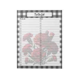 Bloc De Notas Lista de tareas de Gingham_ floral blanca y negra