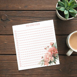 Bloc De Notas Lista de tareas de peonía coral rosa acuarela Boho