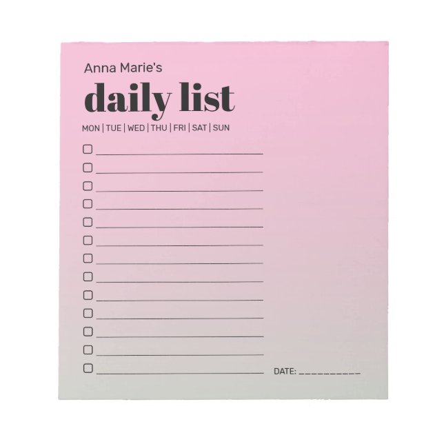 Bloc De Notas Lista diaria rosa y verde (Frente)
