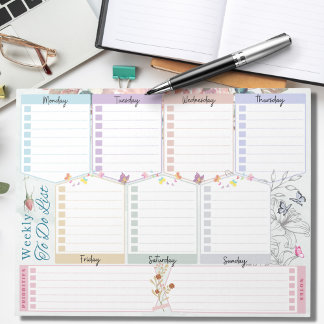 Bloc De Notas Lista Semanal de Tareas con Tema de Flor Mariposa