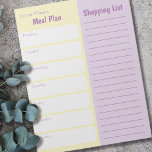 Bloc De Notas Lista simple de compras de planificadores de comid<br><div class="desc">Este Notepad personalizado es sencillo pero bonito en amarillo pastel y lavanda. Organice su planeamiento semanal de comidas y listas de compras en un solo lugar; saque la hoja y llévela a la tienda - planificación fácil y sin complicaciones. Dicho esto, la plantilla está configurada para que usted edite los...</div>