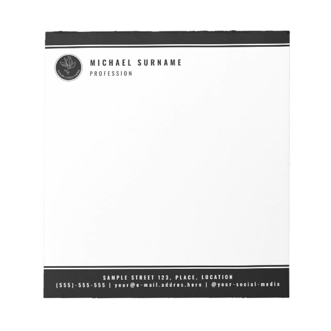 Bloc De Notas Logotipo y texto personalizados en blanco y negro  (Frente)
