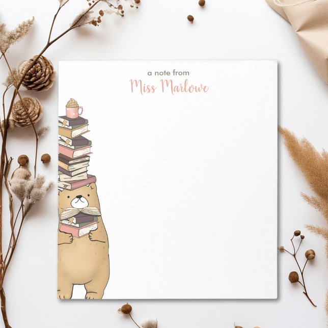 Bloc De Notas Maestra de libros apilados de oso de lectura cúpul (Cute Reading Bear Stacked Books Personalized Teacher Appreciation Notepad)