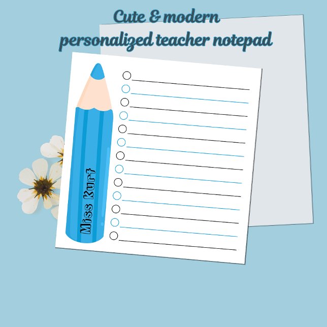 Bloc De Notas Maestra Personalizada Cute Divertida Blue Pencil (Modern Chic Fun Blue Pencil Personalized Teacher Appreciation Notepads)