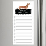 Bloc de notas magnético de la lista de compras de<br><div class="desc">Cosas adorables para buscar a Tan Dachshund perro con un marco negro de pizarra personalizado con tu nombre.</div>
