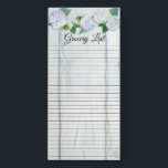 Bloc De Notas Magnético Hydrangeas azules de madera blancos de la cabaña<br><div class="desc">¡Exhiba su lista del ultramarinos elegante! Las ilustraciones pintadas a mano de la acuarela tienen un precioso, sensación del jardín de la primavera todo el año alrededor. Los hydrangeas azules con un tacto de la púrpura y sus hojas están en una frontera encima de una madera blanca de la cabaña,...</div>