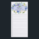 Bloc De Notas Magnético Lista de compras personalizadas Blue Watercolor Fl<br><div class="desc">Diseño de la lista de compras de la caja de seguridad y de marca de verificación con un marco de flores color azul y blanco personalizado con tu nombre.</div>