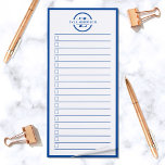 Bloc De Notas Magnético Lista de Monograma Azul Moderno<br><div class="desc">¡Otra nota útil de JessicaAmber! Ahora puede realizar un seguimiento de todas sus tareas importantes, en una ubicación sencilla. Este bloc de notas blanco minimalista tiene un borde azul y un texto en círculo que dice tu nombre sobre un monograma de letras. Puede editar el texto y los colores según...</div>