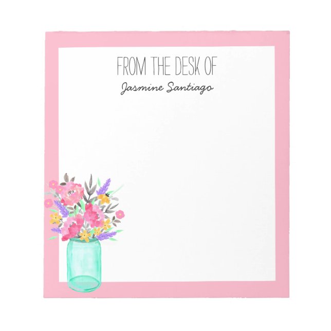 Bloc De Notas Marca de agua Mason Jar Flowers Personalizado  (Frente)