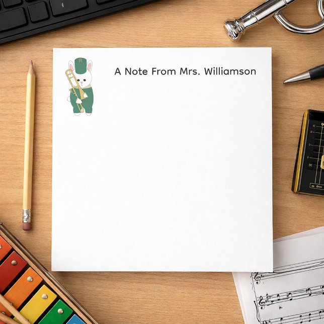 Bloc De Notas Marching Band Bunny Trombone Green Personalize (A notepad with customizable text and a cute rabbit with a trombone.)