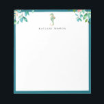 Bloc De Notas Marco azul del logotipo del caballete de mar flora<br><div class="desc">Elegante isla acuarela de ramos botánicos y diseño de logo de caballito de mar con marco azul profundo del océano,  personalizado con nombre,  bloc de notas. Se pueden personalizar el estilo y el color del tipo de letra del texto.</div>