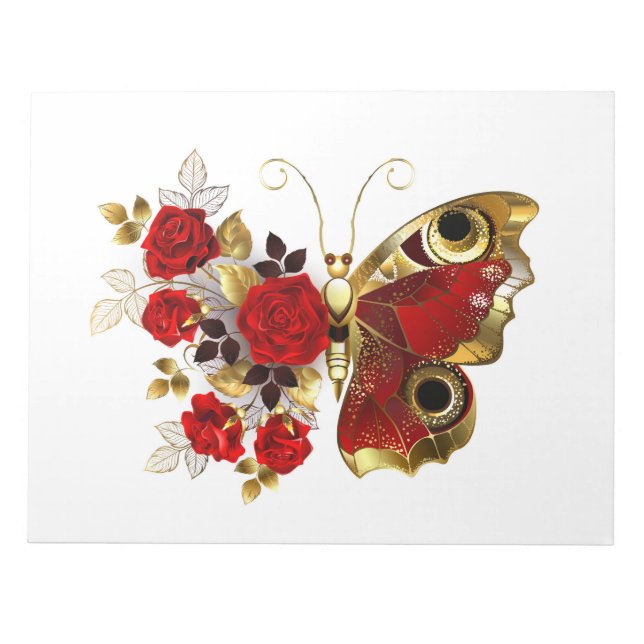 Bloc De Notas Mariposa de flor roja con rosas rojas (Frente)
