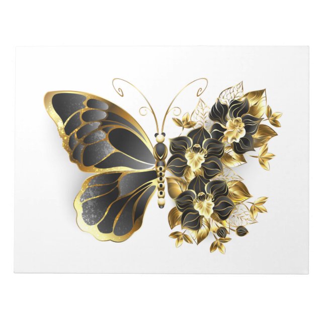 Bloc De Notas Mariposa de flores de oro con orquídea negra (Frente)