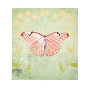 Bloc De Notas Mariposa rosa sobre fondo floral verde