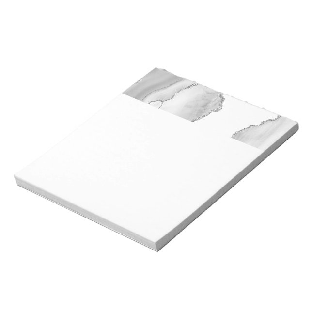 Bloc De Notas Mármol Blanco Gris Ágata Simple Brillo de Plata (Lado Izquierdo)