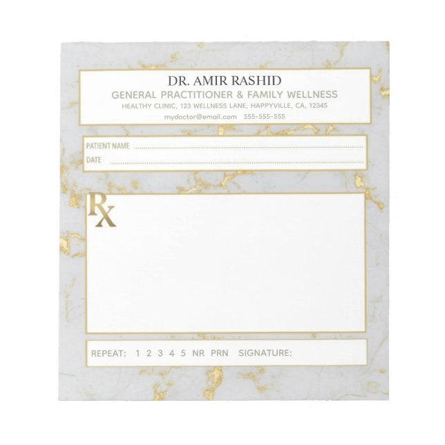 Bloc De Notas Matte Gold White Grey Marble Doctor Prescription (Frente)