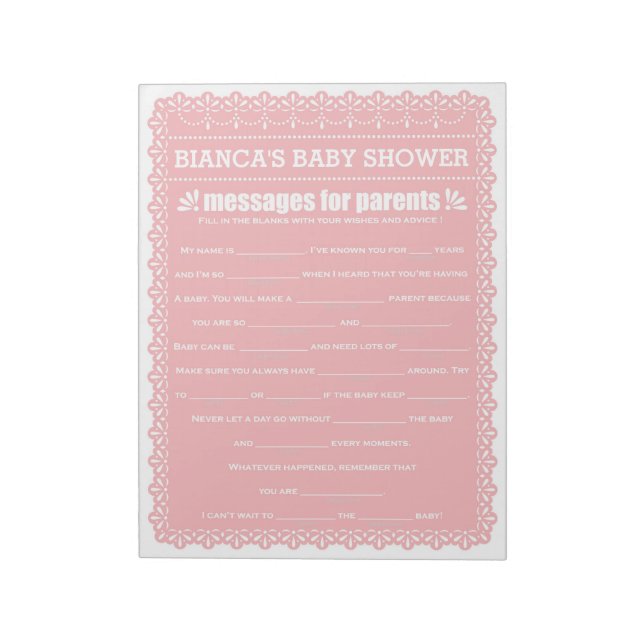 Bloc De Notas Mensaje para Padres Papel Rosa Picado Baby Shower (Lado Izquierdo)