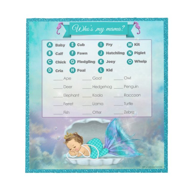 Bloc De Notas Mermaid Baby Shower Animal Match Game#130 40sheet (Frente)