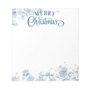 Bloc De Notas Merry Christmas Fancy Script Snow con Nombre Gift 