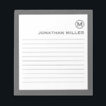 Bloc De Notas Minimalist Monogram Gray Lined<br><div class="desc">A modern minimalist lined notepad in gray and white. Custom monogram initial and name on a simple white background,  framed by a gray border. Personalize using the fields provided or use the 'message' button to contact the designer for help.</div>
