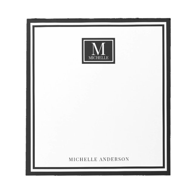 Bloc De Notas Minimalist Two Boarder Monogram Name Black White (Frente)