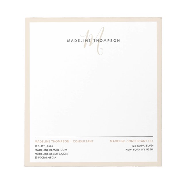 Bloc De Notas Mínimo Monograma Creamy Sand Letterhead Business (Frente)