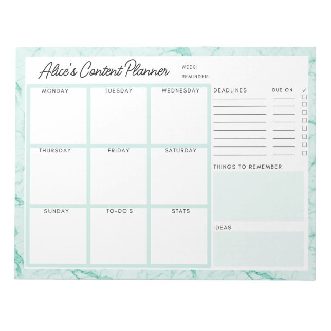 Bloc De Notas Mint Green Marble Content Planner (Frente)