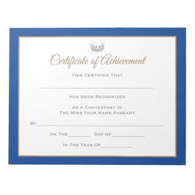 Bloc De Notas Miss EE.UU. Certificado de concurso-logro (Frente)