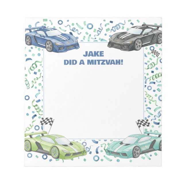 Bloc De Notas Mitzvah personalizada Supercar auto Blue Green Rac (Frente)