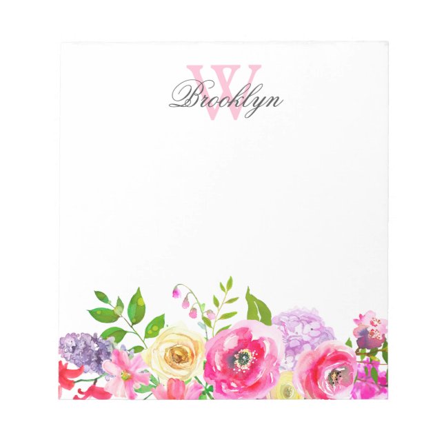 Bloc De Notas Moda Floral púrpura rosa brillante monogramada (Frente)
