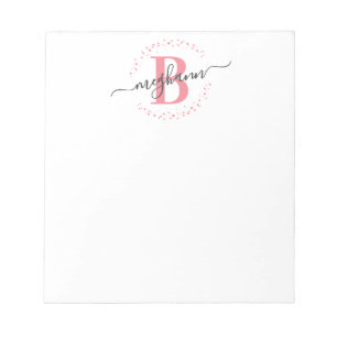 Bloc De Notas Moda Girly Moderno Blanco Nombre Rosado Script Mon