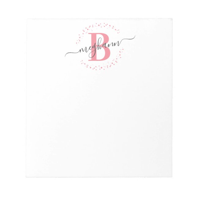 Bloc De Notas Moda Girly Moderno Blanco Nombre Rosado Script Mon (Frente)