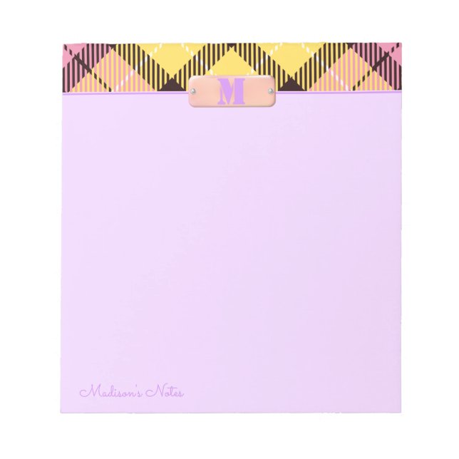 Bloc De Notas Moda Personalizado Tartán Rosa Monograma Nombre Li (Frente)