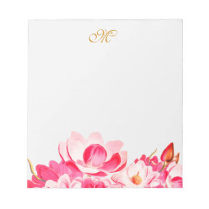 Bloc De Notas Moda Primavera Magnolias rosadas Monograma Floral