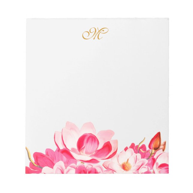 Bloc De Notas Moda Primavera Magnolias rosadas Monograma Floral  (Frente)
