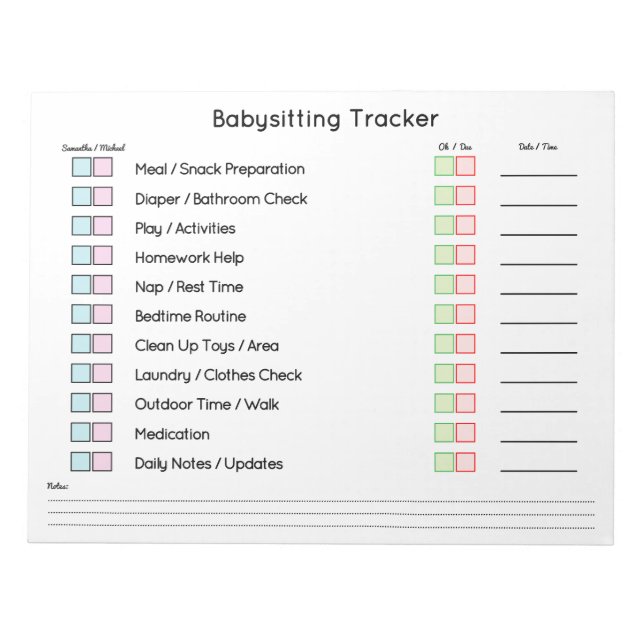 Bloc De Notas Modern Babysitting Tracker Task Planner (Frente)