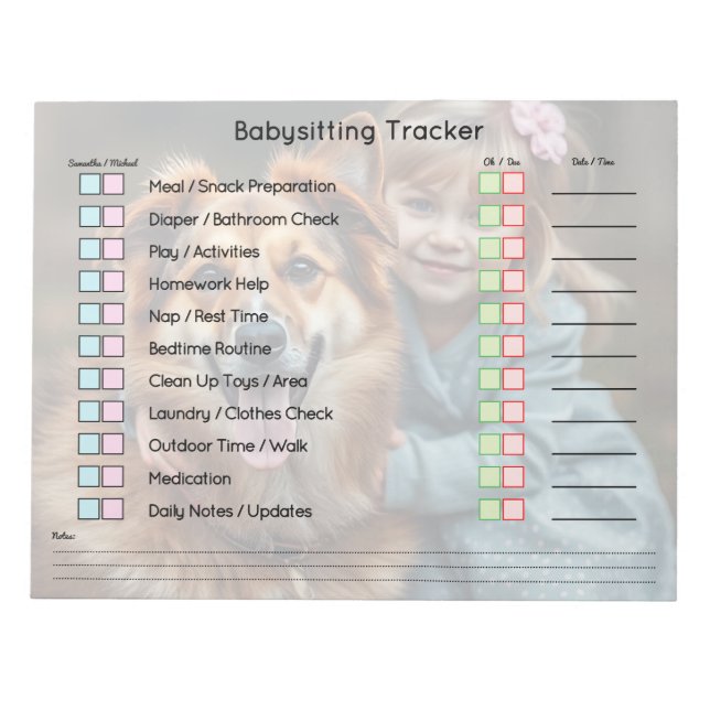 Bloc De Notas Modern Photo Babysitting Tracker Task Planner (Frente)