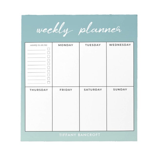 Bloc De Notas Modern Script Weekly Planner | Añadir su nombre (Frente)