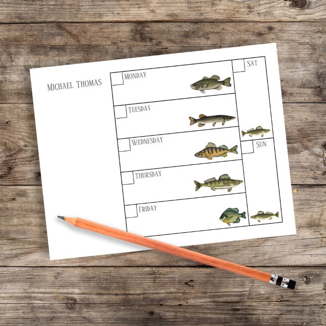 Bloc De Notas Modern Simple Fisherman Fish Weekly Calendar (Fishing weekly calendar. with the days of the week and freshwater fish.)