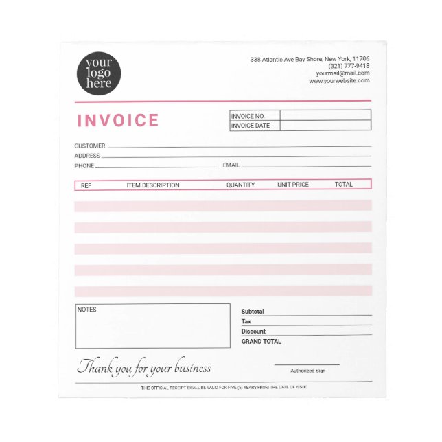 Bloc De Notas Modern Small Business Invoice Sales Receipt (Frente)