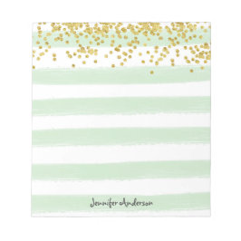 Bloc De Notas Moderna Mint Green Stripe Gold Confetti Personaliz
