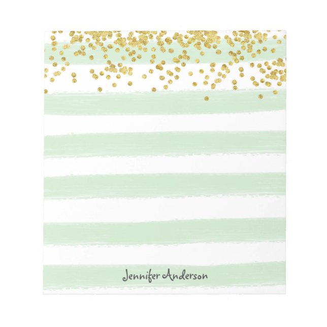Bloc De Notas Moderna Mint Green Stripe Gold Confetti Personaliz (Frente)