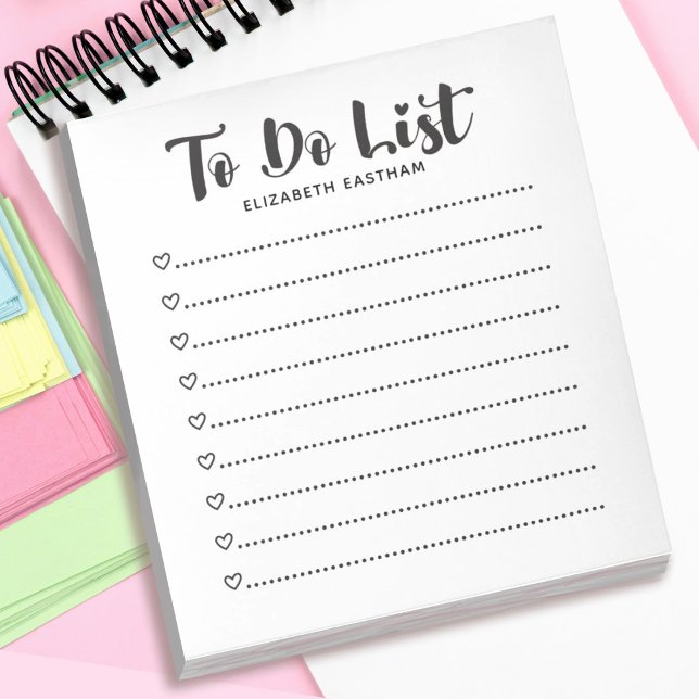 Bloc De Notas Moderno De Script Simple Para Hacer  (A cute to do list notepad with heart bullet points.)